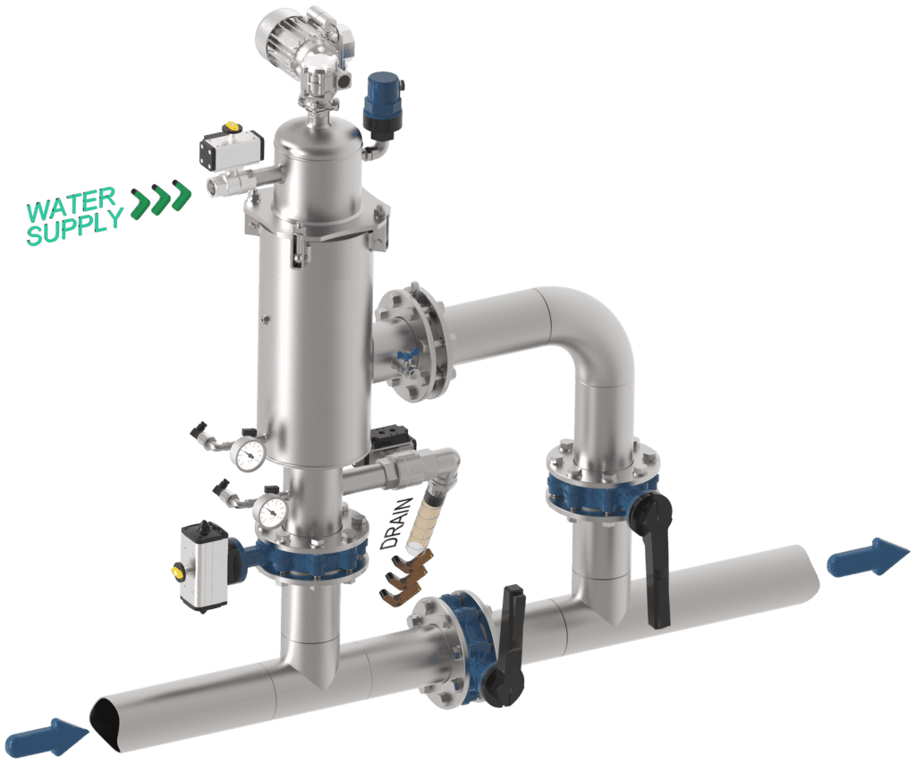 self-cleaning spray nozzle system installed between piping.