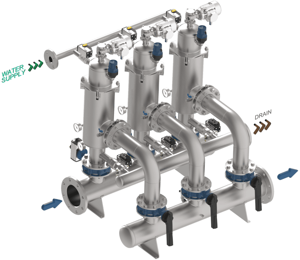 skid with nozzle self-cleaning systems